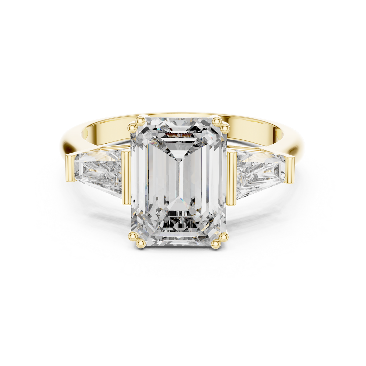 Lab Grown Emerald Cut Three Stone Diamond Ring with Tapered Baguette Sides in Yellow Gold