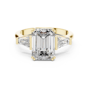Lab Grown Emerald Cut Three Stone Diamond Ring with Tapered Baguette Sides in Yellow Gold