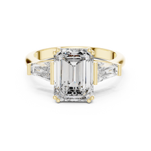 Lab Grown Emerald Cut Three Stone Diamond Ring with Tapered Baguette Sides in Yellow Gold