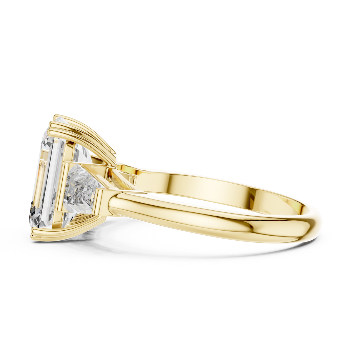 Lab Grown Emerald Cut Three Stone Diamond Ring with Tapered Baguette Sides in Yellow Gold