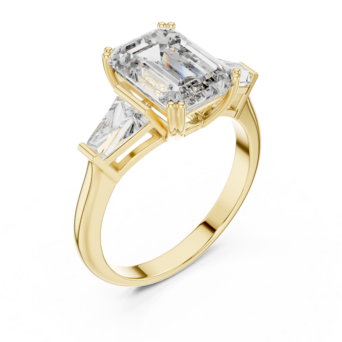 Lab Grown Emerald Cut Three Stone Diamond Ring with Tapered Baguette Sides in Yellow Gold