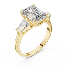 Lab Grown Emerald Cut Three Stone Diamond Ring with Tapered Baguette Sides in Yellow Gold