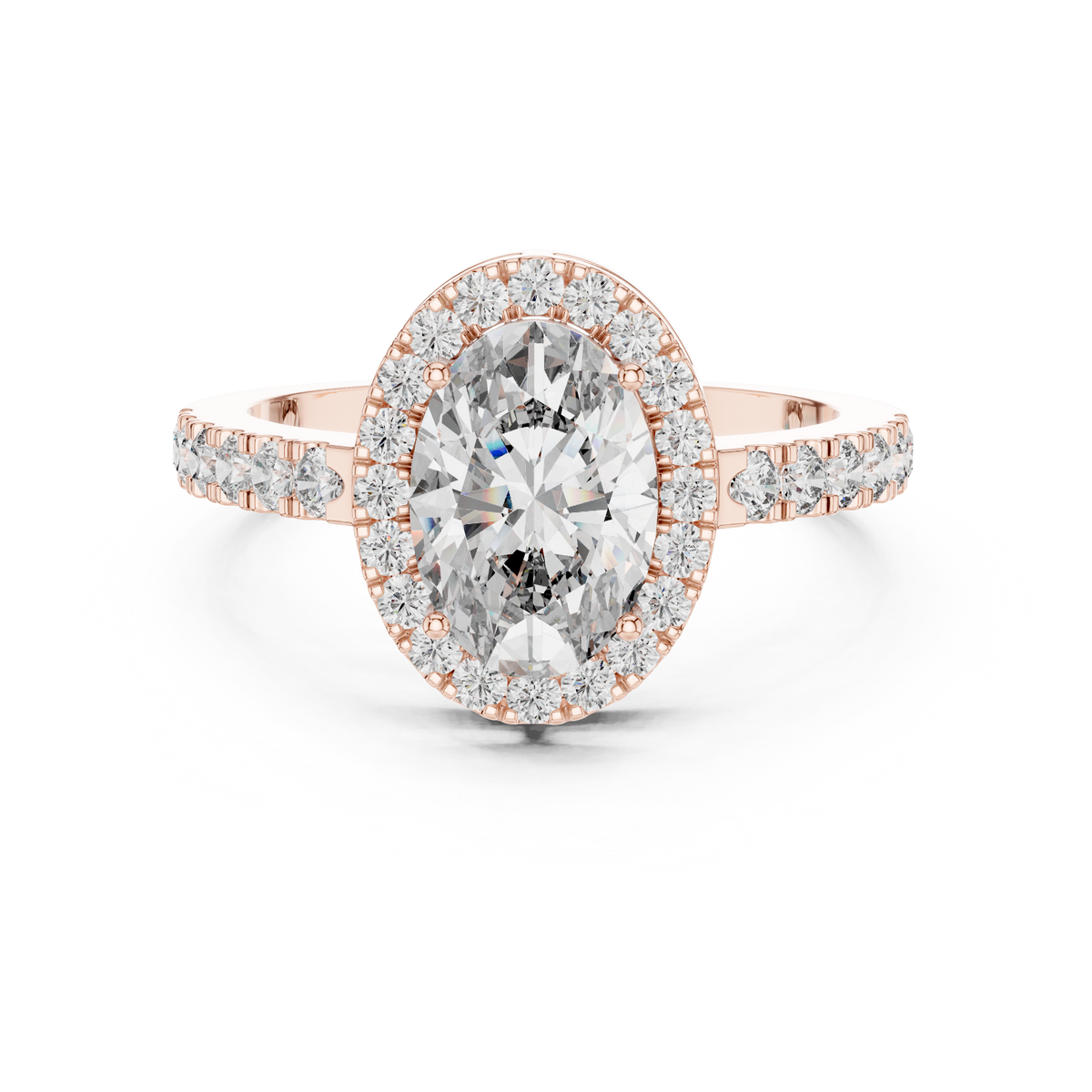 Lab Grown Oval Cut Halo Diamond Ring with Pavé Band in Yellow Gold