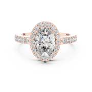 Lab Grown Oval Cut Halo Diamond Ring with Pavé Band in Yellow Gold