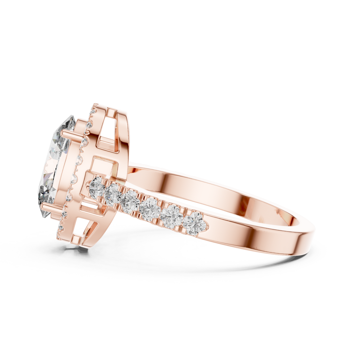 Lab Grown Oval Cut Halo Diamond Ring with Pavé Band in Yellow Gold