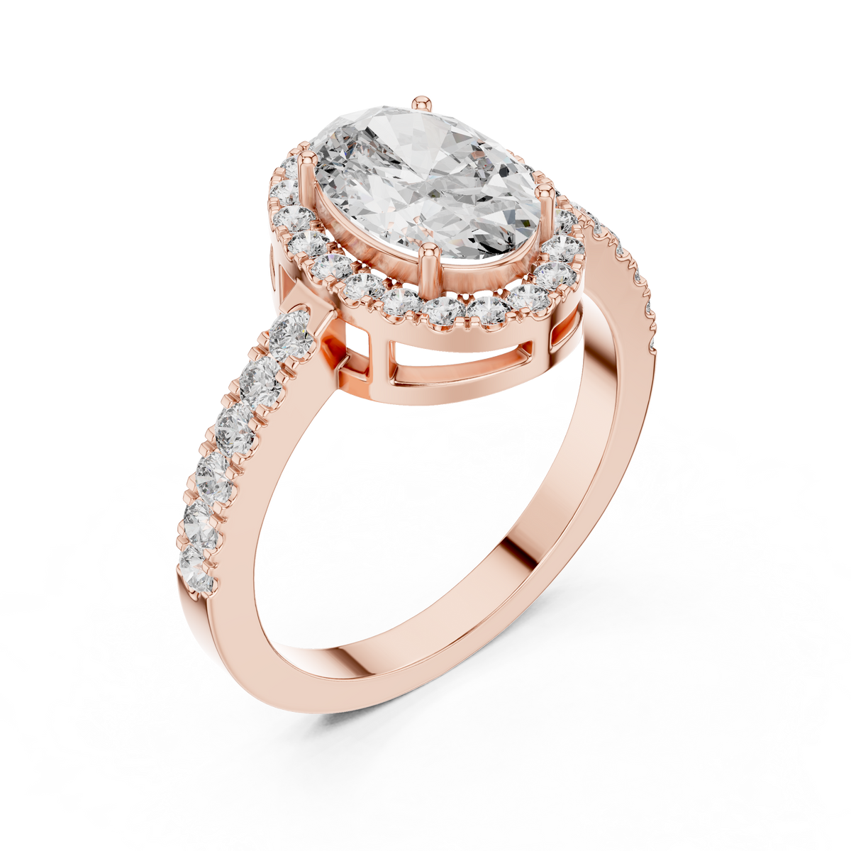 Lab Grown Oval Cut Halo Diamond Ring with Pavé Band in Yellow Gold
