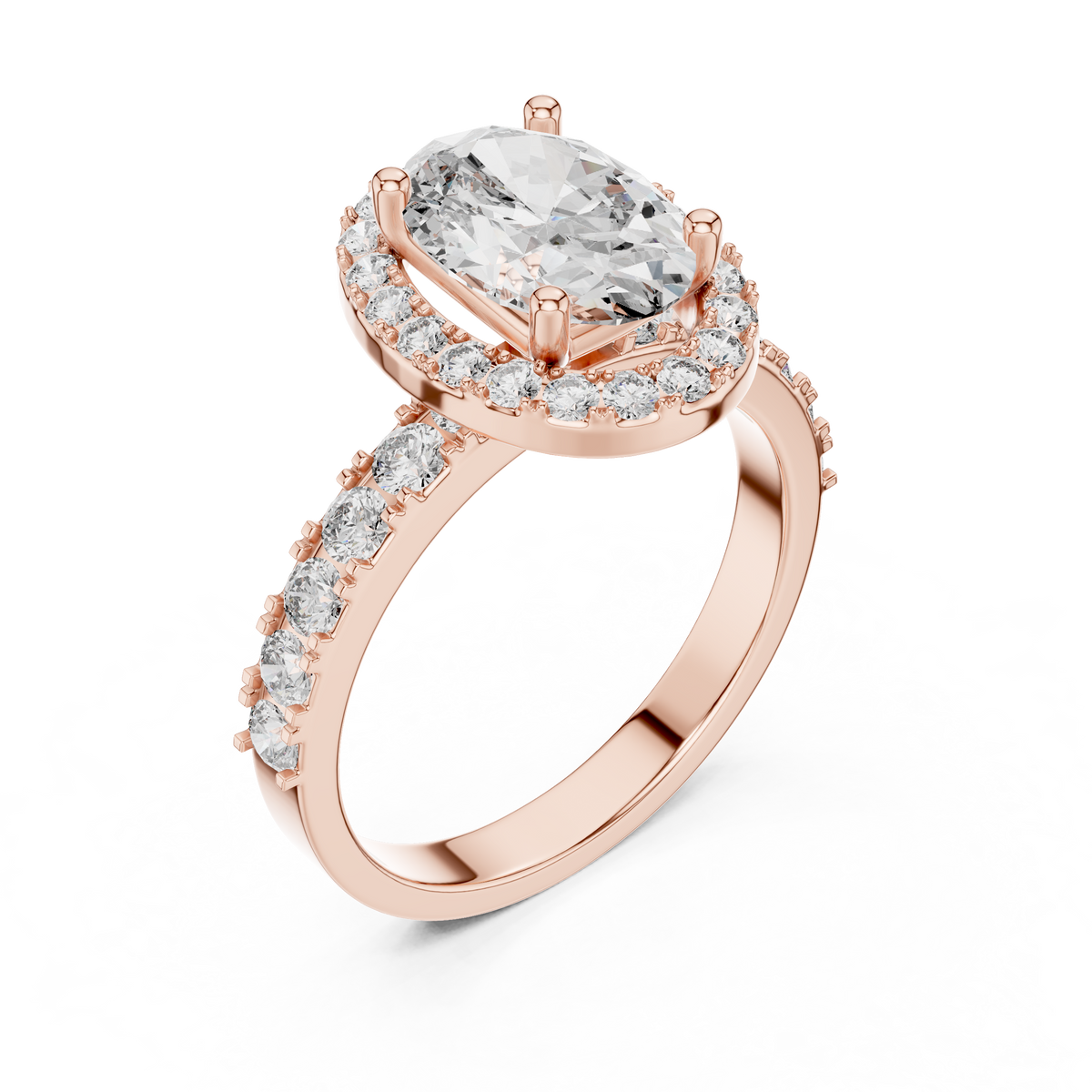 Lab Grown Oval Cut Halo Diamond Ring with Pave Band in Yellow Gold