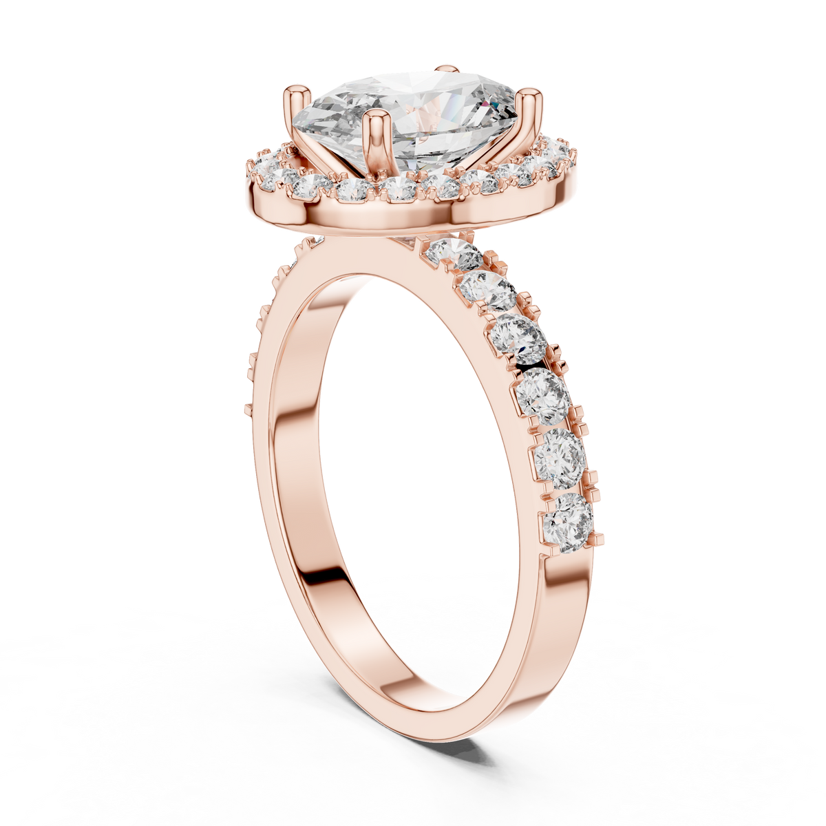 Lab Grown Oval Cut Halo Diamond Ring with Pave Band in Yellow Gold