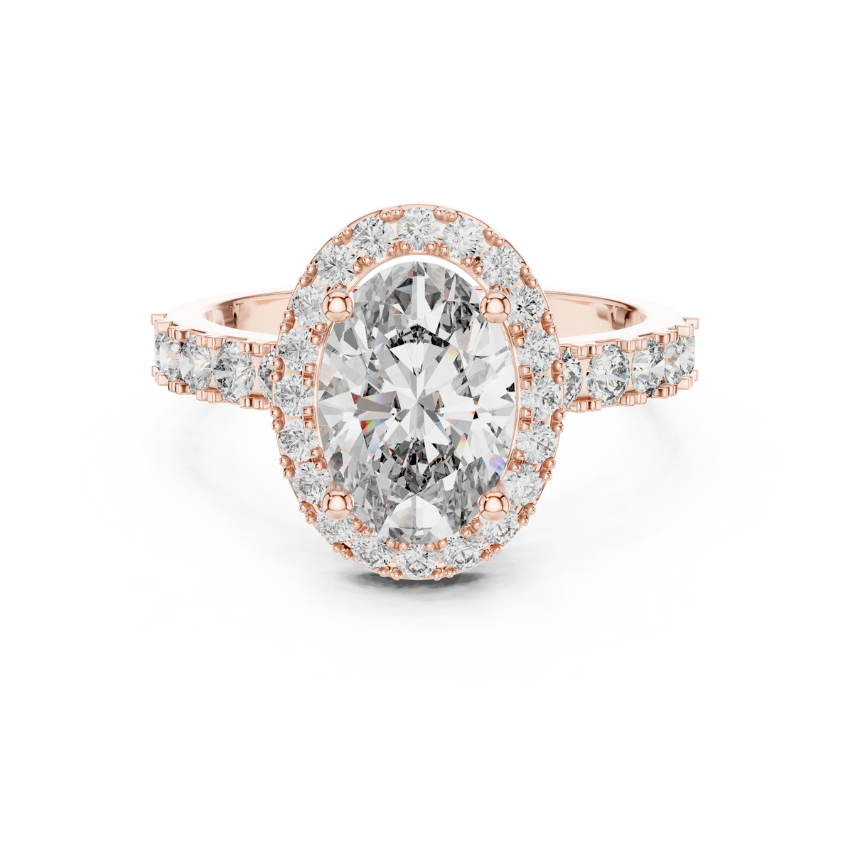 Lab Grown Oval Cut Halo Diamond Ring with Pave Band in Yellow Gold