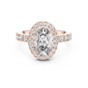 Lab Grown Oval Cut Halo Diamond Ring with Pave Band in Yellow Gold