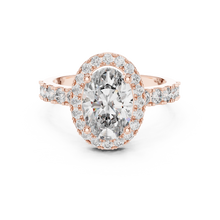 Lab Grown Oval Cut Halo Diamond Ring with Pave Band in Yellow Gold