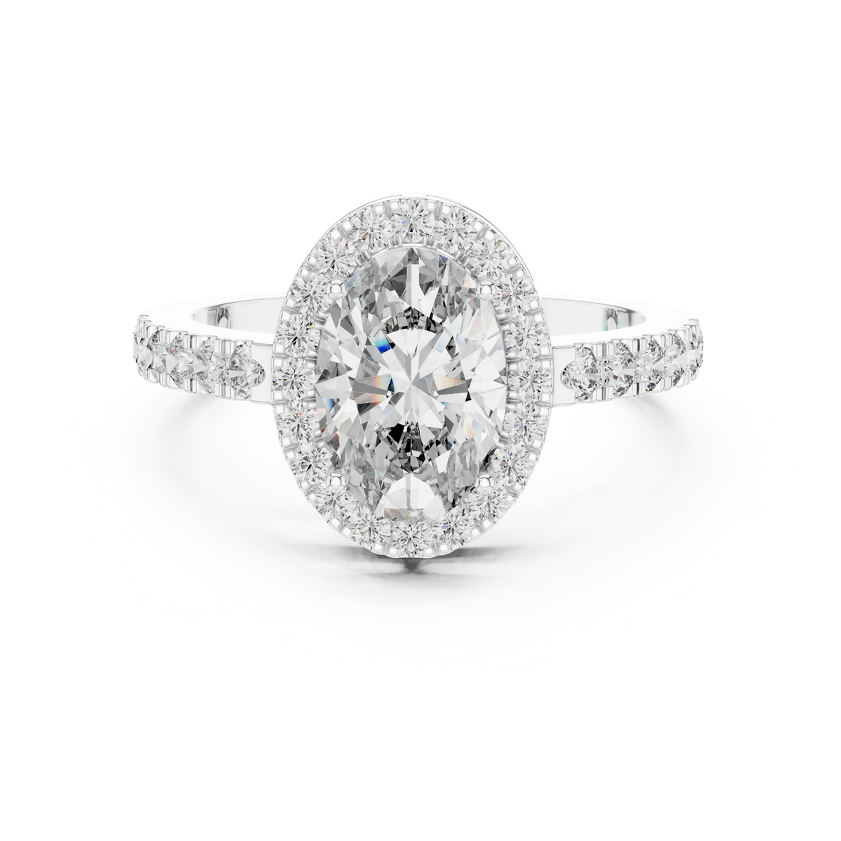 Lab Grown Oval Cut Halo Diamond Ring with Pavé Band in Yellow Gold