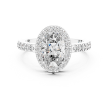 Lab Grown Oval Cut Halo Diamond Ring with Pavé Band in Yellow Gold
