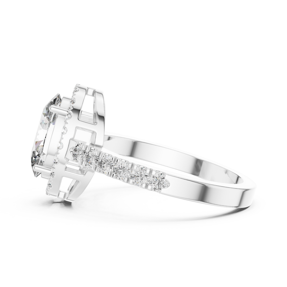 Lab Grown Oval Cut Halo Diamond Ring with Pavé Band in Yellow Gold