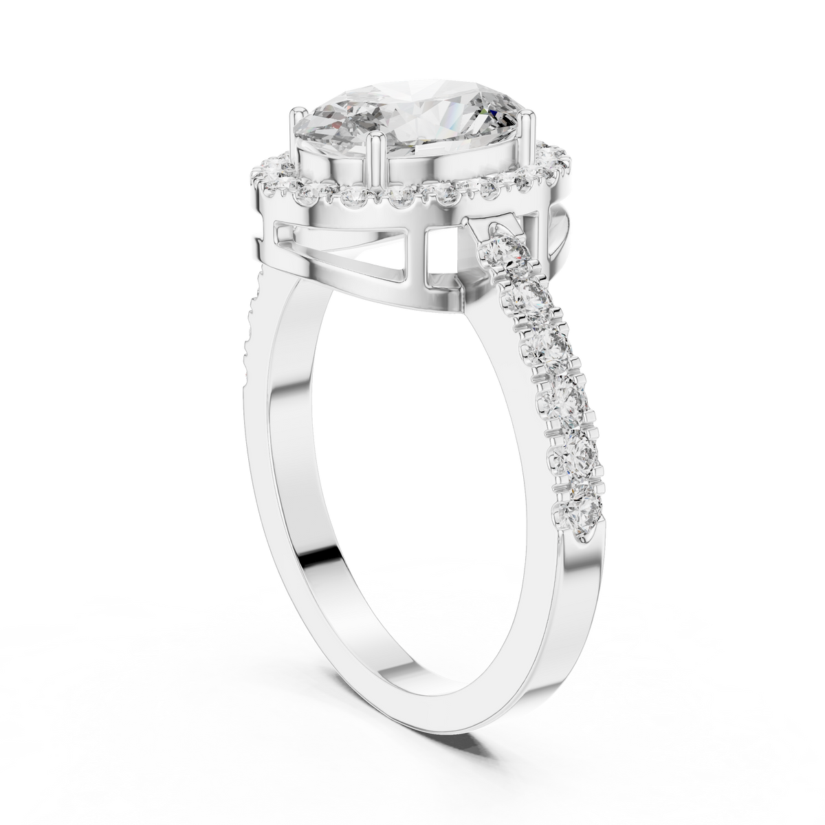 Lab Grown Oval Cut Halo Diamond Ring with Pavé Band in Yellow Gold