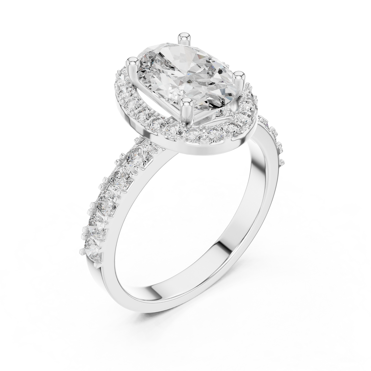 Lab Grown Oval Cut Halo Diamond Ring with Pave Band in Yellow Gold