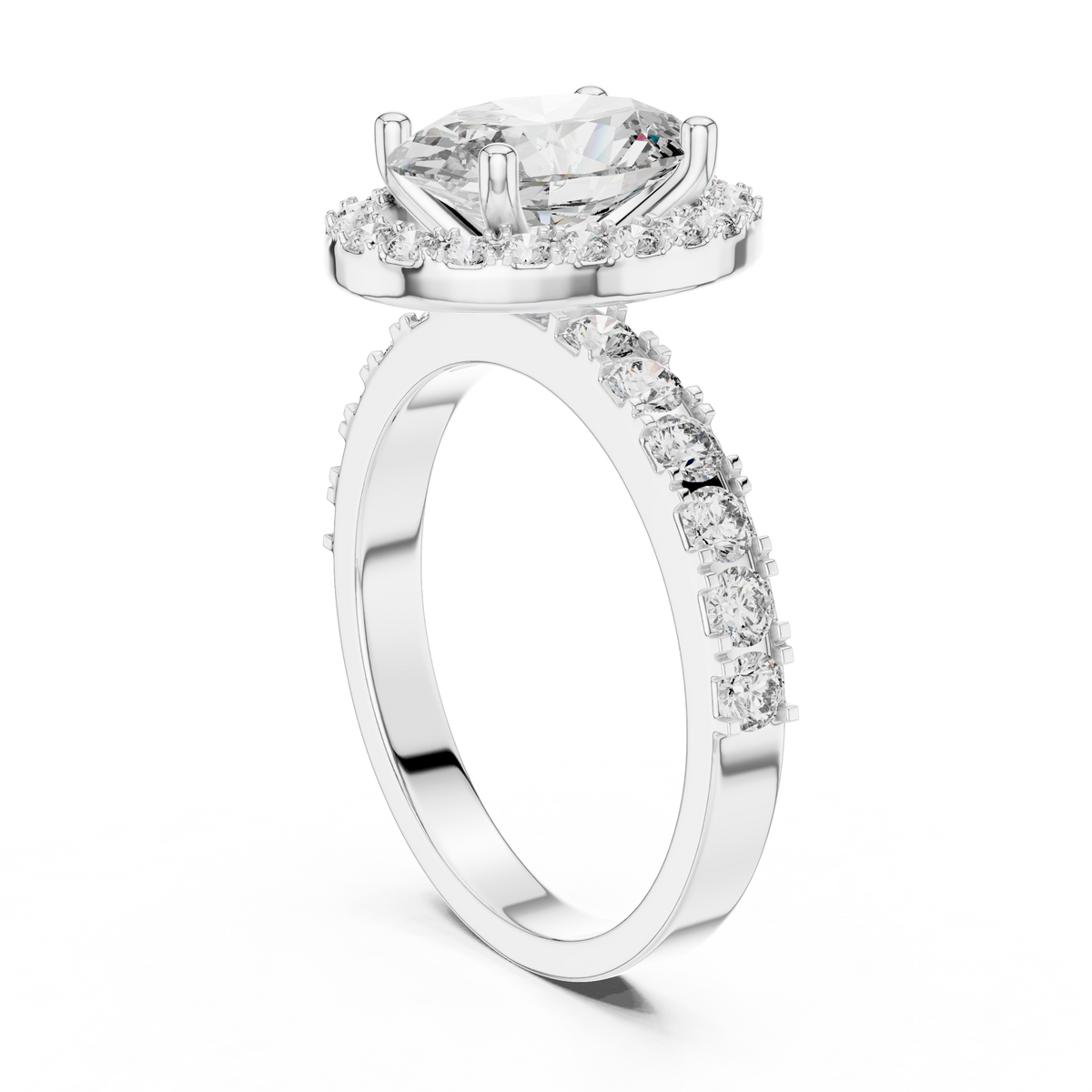 Lab Grown Oval Cut Halo Diamond Ring with Pave Band in Yellow Gold
