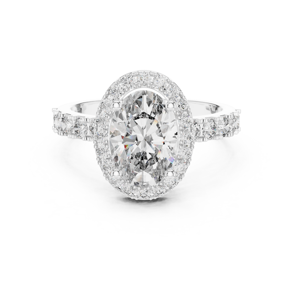 Lab Grown Oval Cut Halo Diamond Ring with Pave Band in Yellow Gold