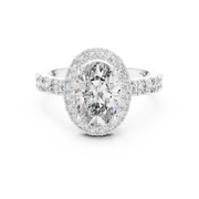 Lab Grown Oval Cut Halo Diamond Ring with Pave Band in Yellow Gold
