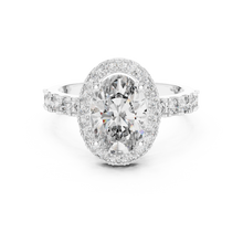 Lab Grown Oval Cut Halo Diamond Ring with Pave Band in Yellow Gold