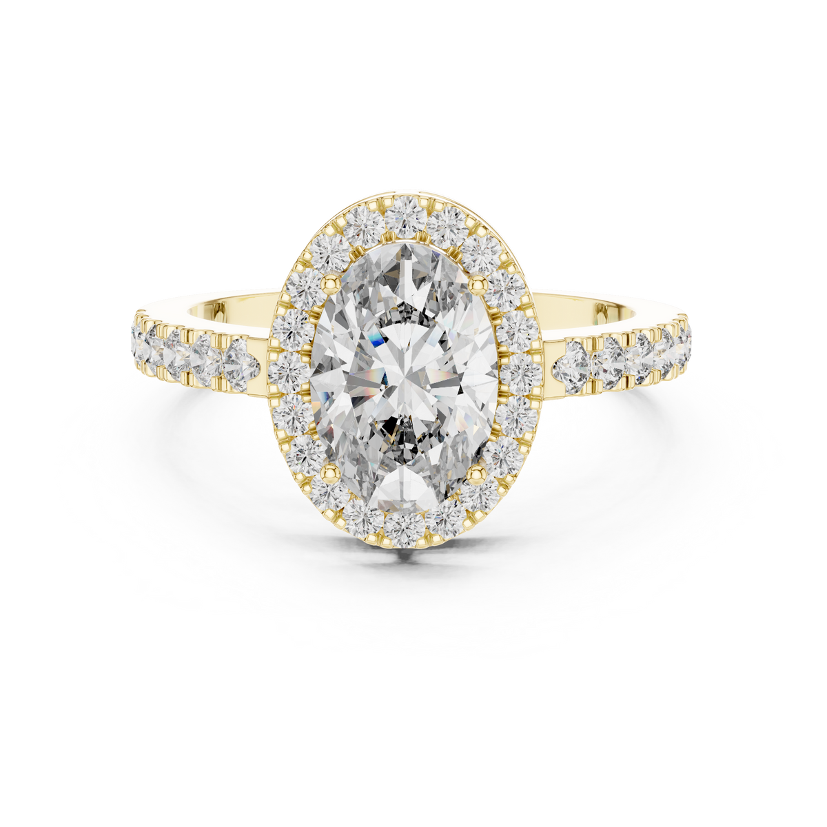 Lab Grown Oval Cut Halo Diamond Ring with Pavé Band in Yellow Gold