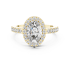 Lab Grown Oval Cut Halo Diamond Ring with Pavé Band in Yellow Gold