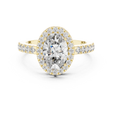 Lab Grown Oval Cut Halo Diamond Ring with Pavé Band in Yellow Gold