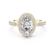 Lab Grown Oval Cut Halo Diamond Ring with Pavé Band in Yellow Gold
