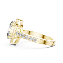 Lab Grown Oval Cut Halo Diamond Ring with Pavé Band in Yellow Gold
