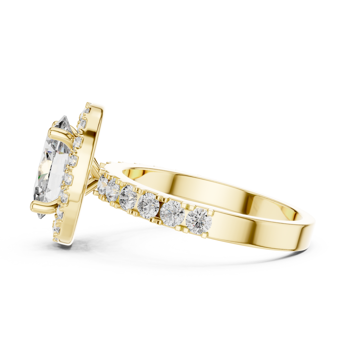 Lab Grown Oval Cut Halo Diamond Ring with Pave Band in Yellow Gold