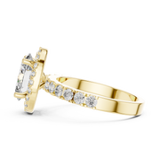 Lab Grown Oval Cut Halo Diamond Ring with Pave Band in Yellow Gold
