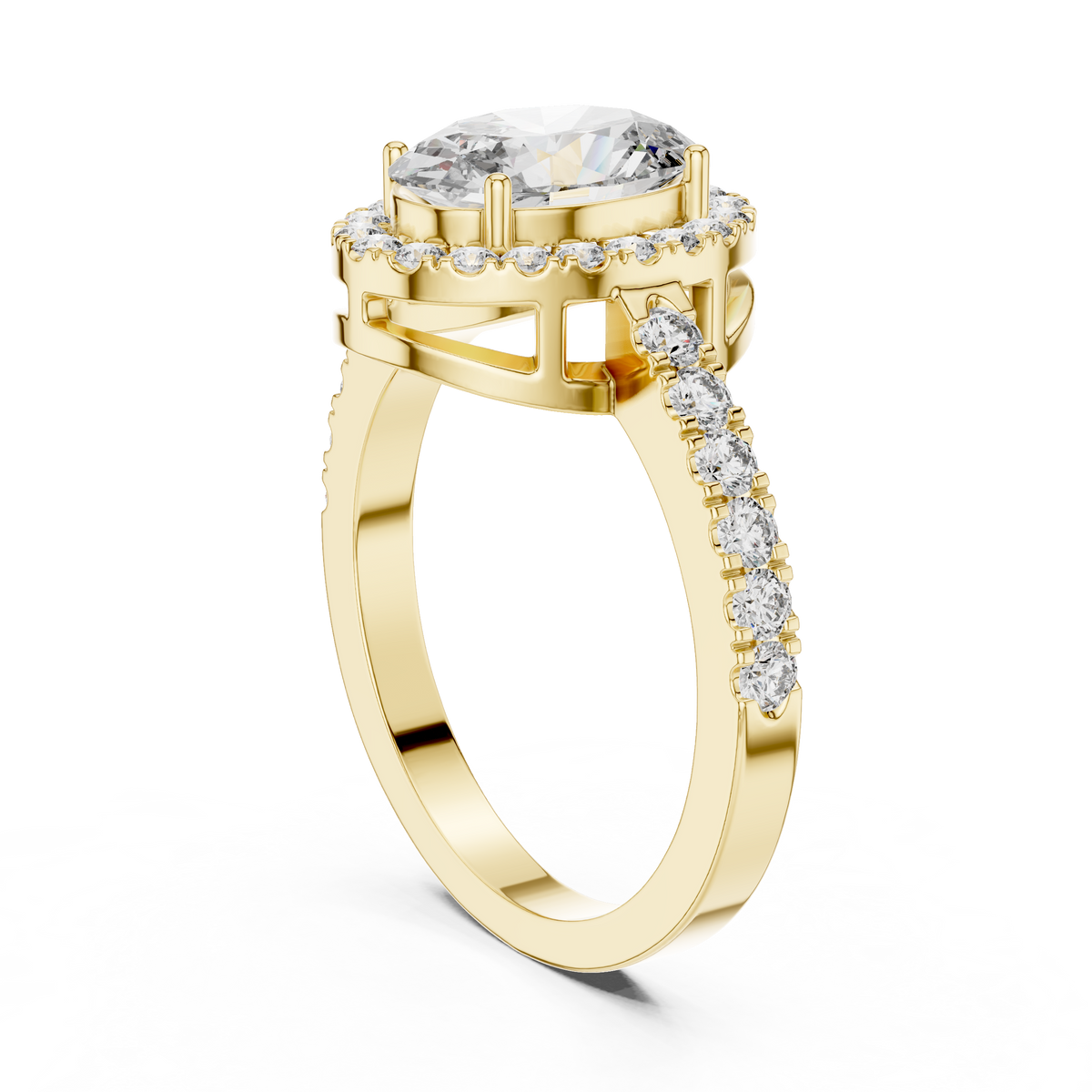 Lab Grown Oval Cut Halo Diamond Ring with Pavé Band in Yellow Gold