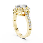 Lab Grown Oval Cut Halo Diamond Ring with Pavé Band in Yellow Gold