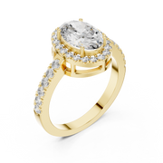 Lab Grown Oval Cut Halo Diamond Ring with Pavé Band in Yellow Gold