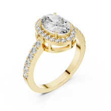 Lab Grown Oval Cut Halo Diamond Ring with Pavé Band in Yellow Gold