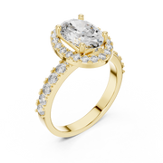 Lab Grown Oval Cut Halo Diamond Ring with Pave Band in Yellow Gold