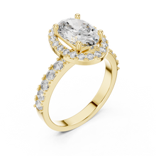 Lab Grown Oval Cut Halo Diamond Ring with Pave Band in Yellow Gold