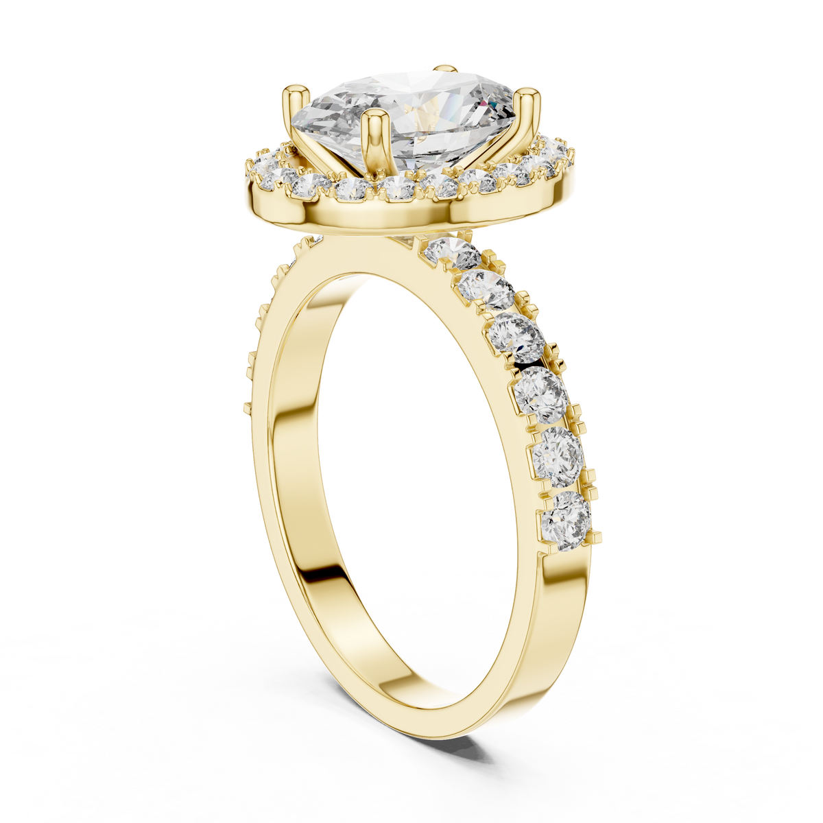 Lab Grown Oval Cut Halo Diamond Ring with Pave Band in Yellow Gold