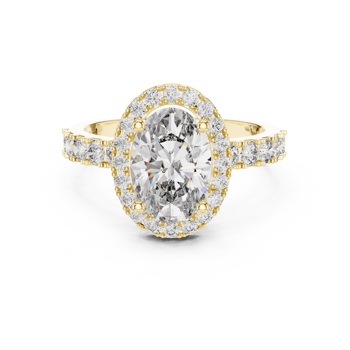 Lab Grown Oval Cut Halo Diamond Ring with Pave Band in Yellow Gold