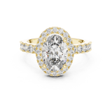 Lab Grown Oval Cut Halo Diamond Ring with Pave Band in Yellow Gold