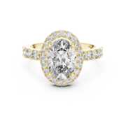 Lab Grown Oval Cut Halo Diamond Ring with Pave Band in Yellow Gold