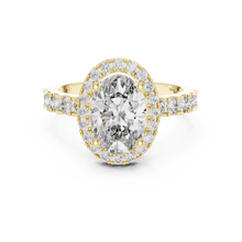 Lab Grown Oval Cut Halo Diamond Ring with Pave Band in Yellow Gold