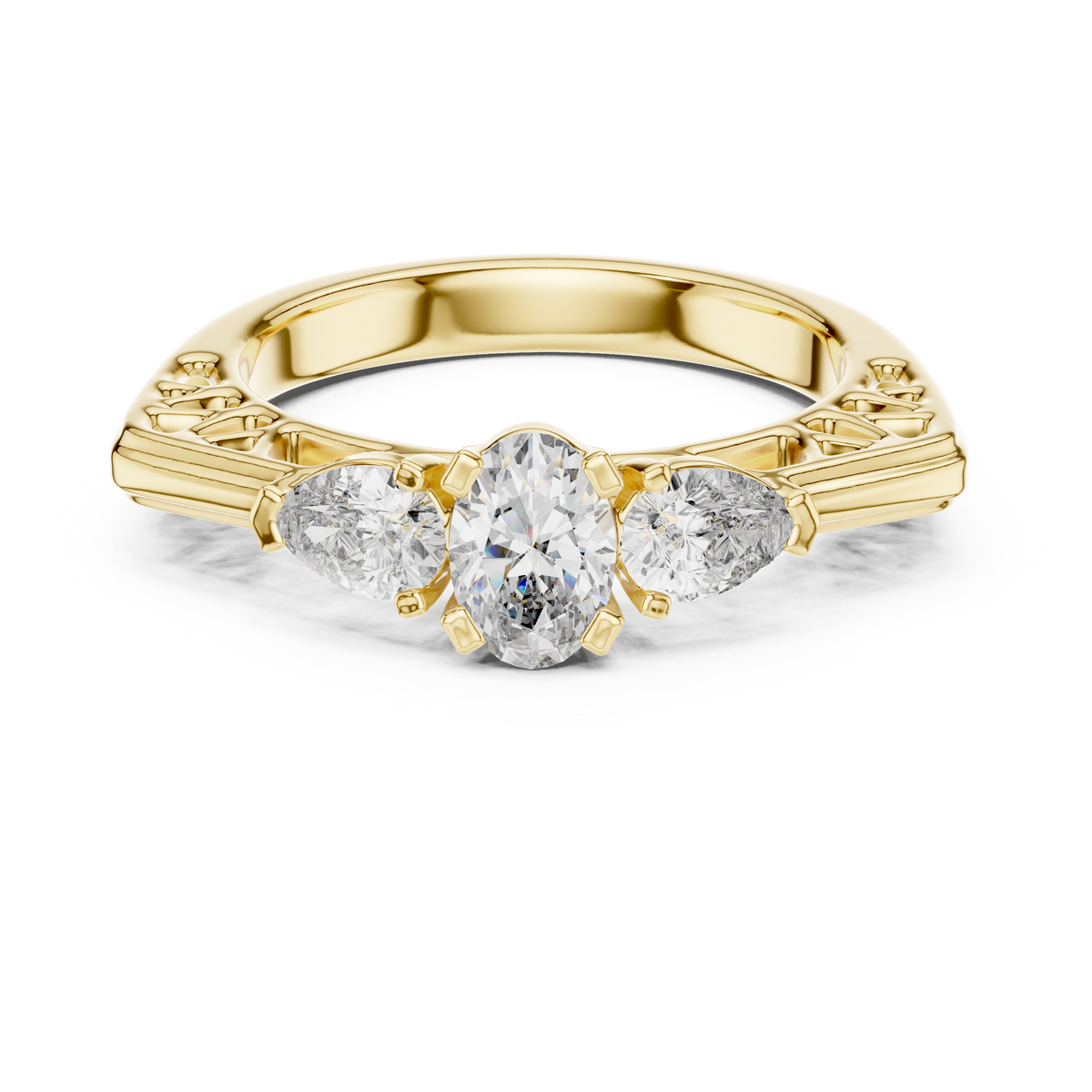 Lab Grown Oval Cut Three Stone Diamond Ring with Pear Side Stones in Yellow Gold