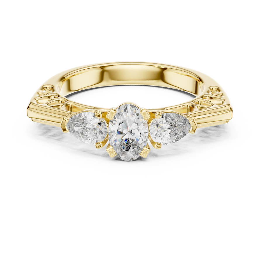 Lab Grown Oval Cut Three Stone Diamond Ring with Pear Side Stones in Yellow Gold