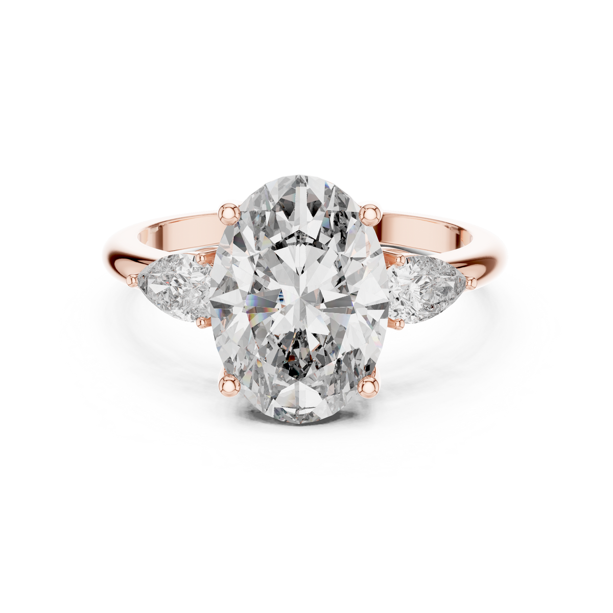 Lab Grown Oval Three Stone Diamond Ring with Pear Side Stones in Yellow Gold