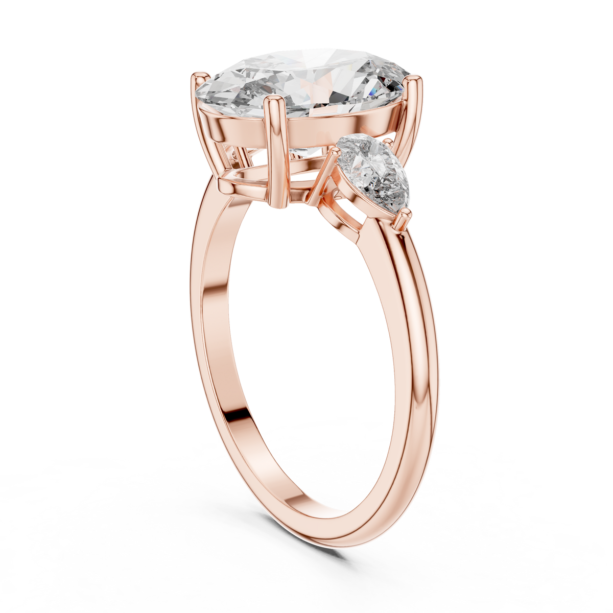 Lab Grown Oval Three Stone Diamond Ring with Pear Side Stones in Yellow Gold