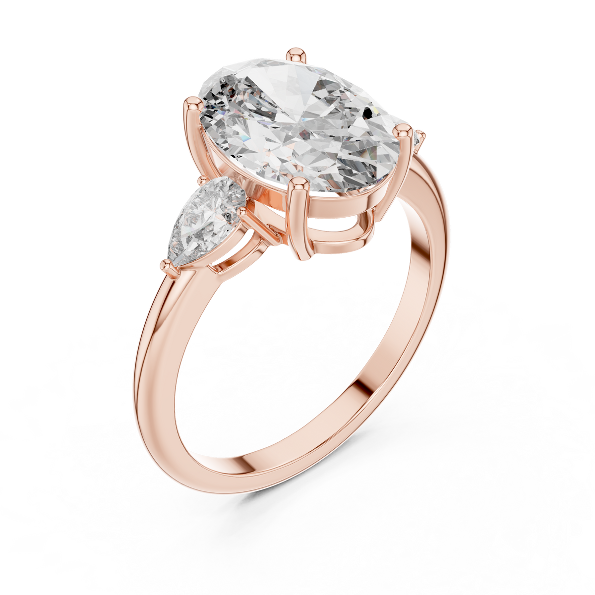 Lab Grown Oval Three Stone Diamond Ring with Pear Side Stones in Yellow Gold