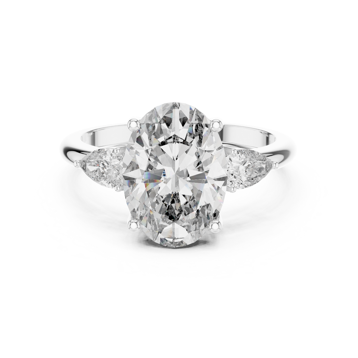 Lab Grown Oval Three Stone Diamond Ring with Pear Side Stones in Yellow Gold