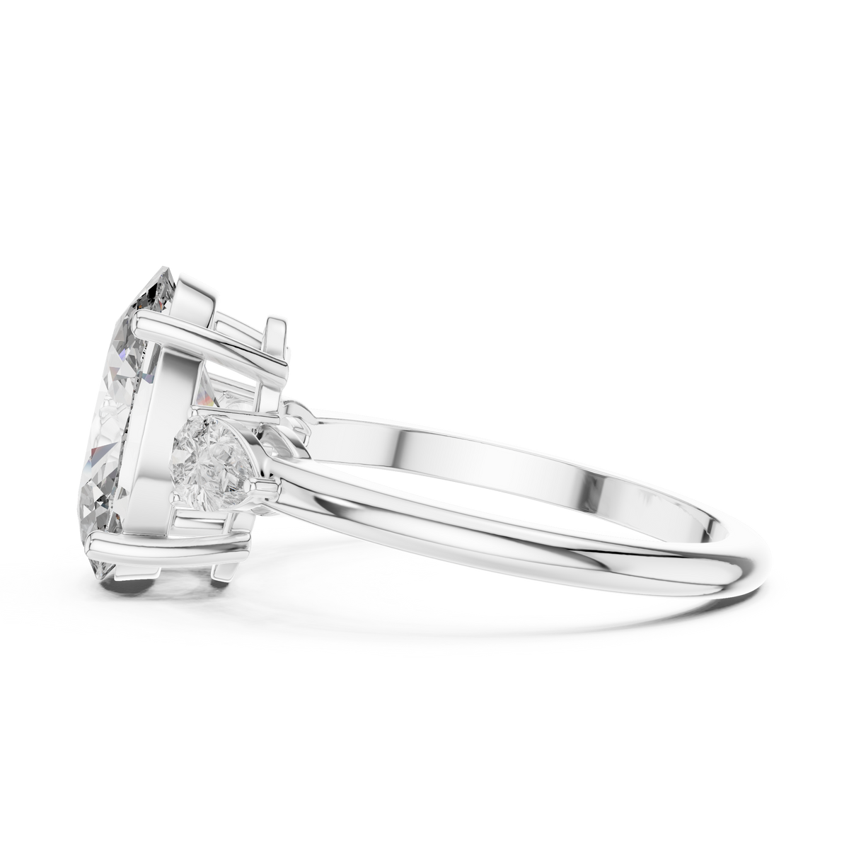 Lab Grown Oval Three Stone Diamond Ring with Pear Side Stones in Yellow Gold