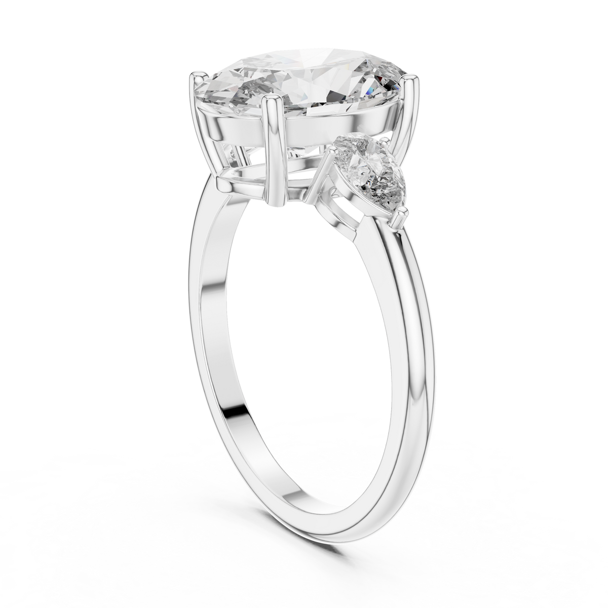 Lab Grown Oval Three Stone Diamond Ring with Pear Side Stones in Yellow Gold